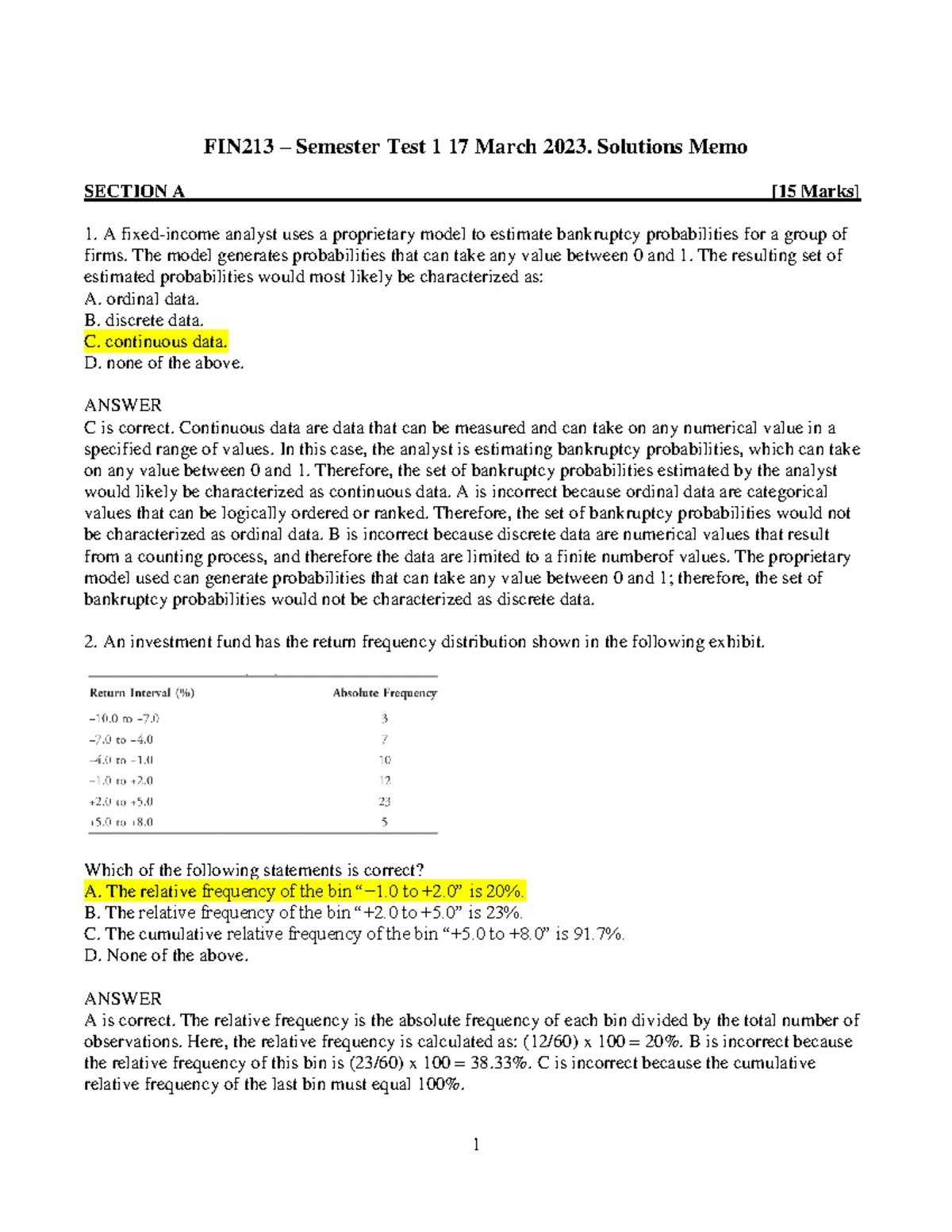 FIN213 - Solutions Memo for Semester Test 1 - April 11, 2024 - Studocu