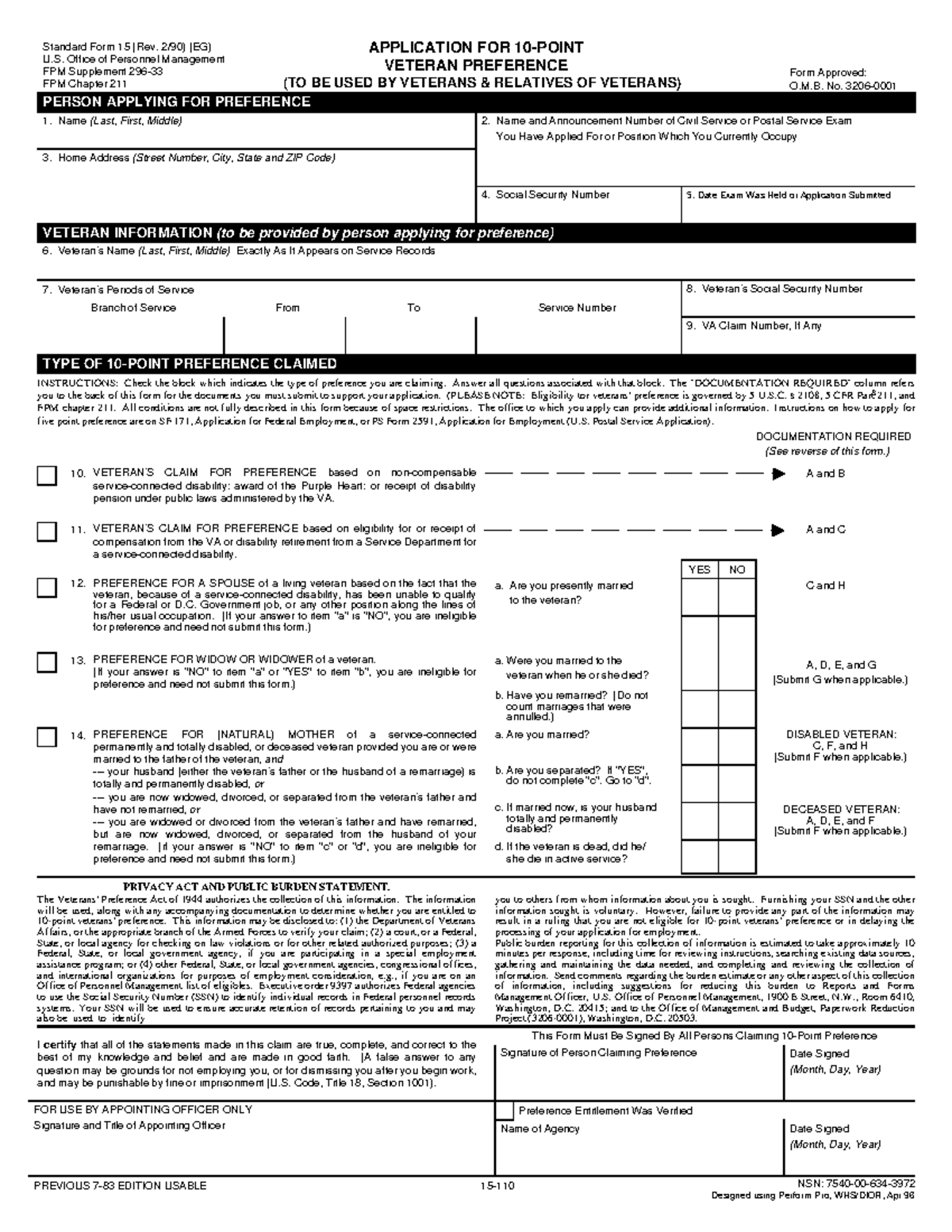 SF15 Application for 10-Point Veterans Preference Form Instructions ...