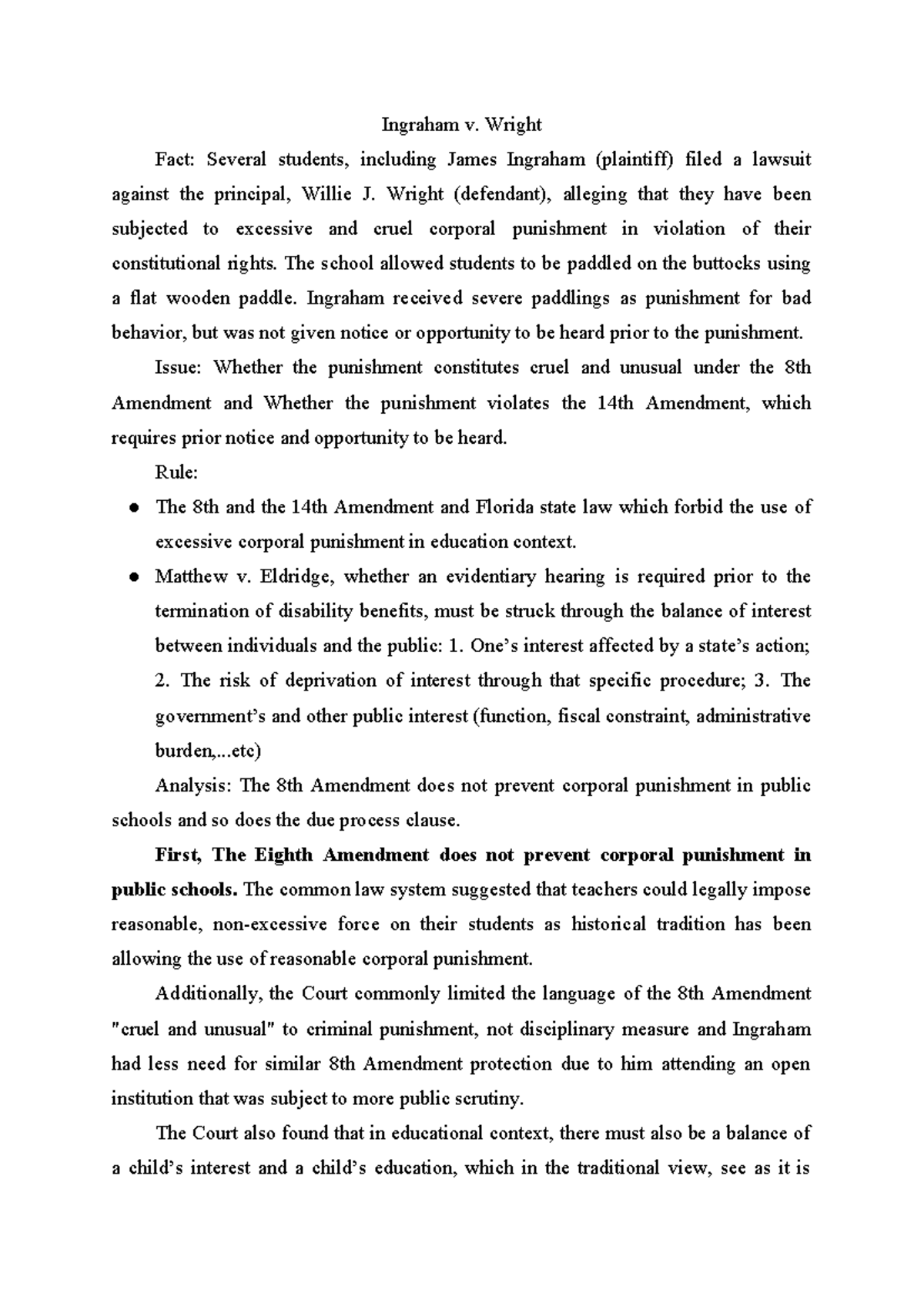 Ingraham v. Wright - Legal Case Brief Analysis and Implications - Studocu
