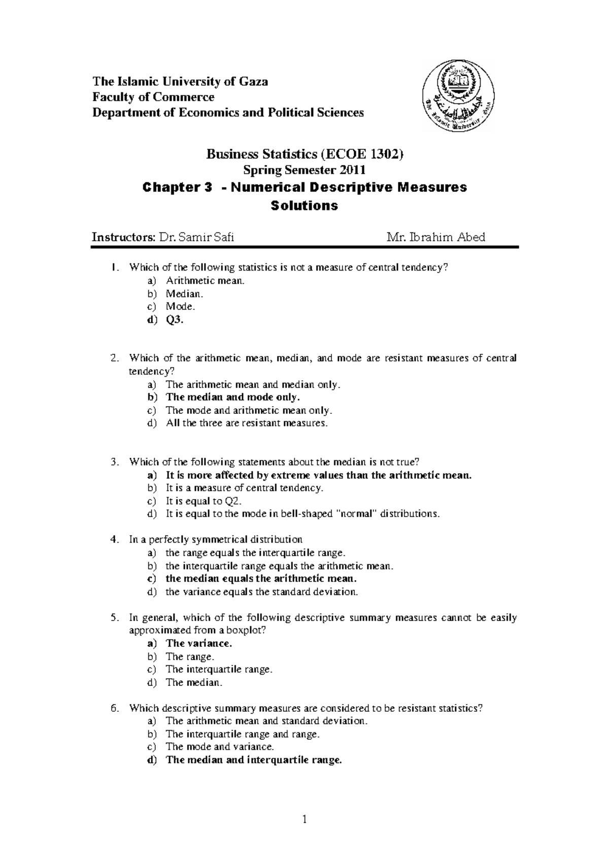 Chapter 3 Solutions - Numerical Descriptive Measures (ECOE 1302) - Studocu