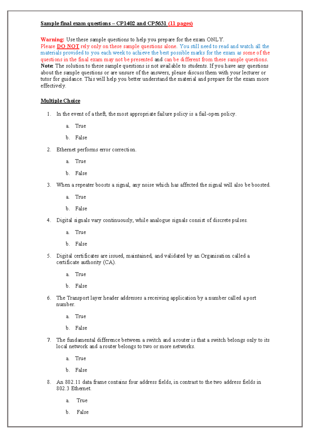CP1402 & CP5631 Final Exam Sample Questions (11 Pages) - Studocu