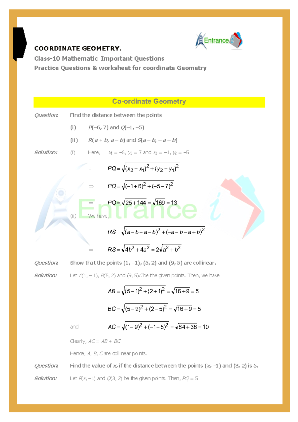 Coordinate Geometry Class 10 Important Questions and Solutions - Studocu