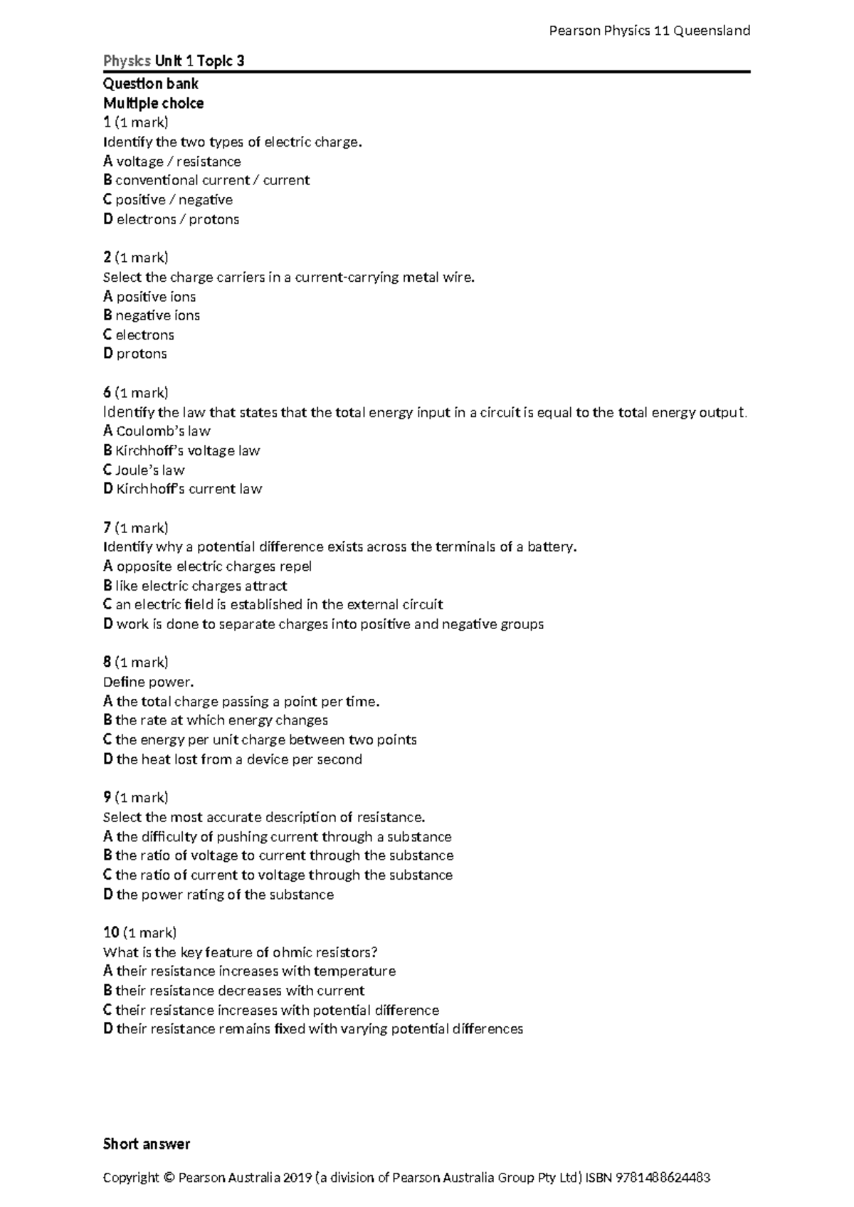 Mock Exam Unit 1 Topic 3 Questions - Pearson Physics 11 Queensland ...