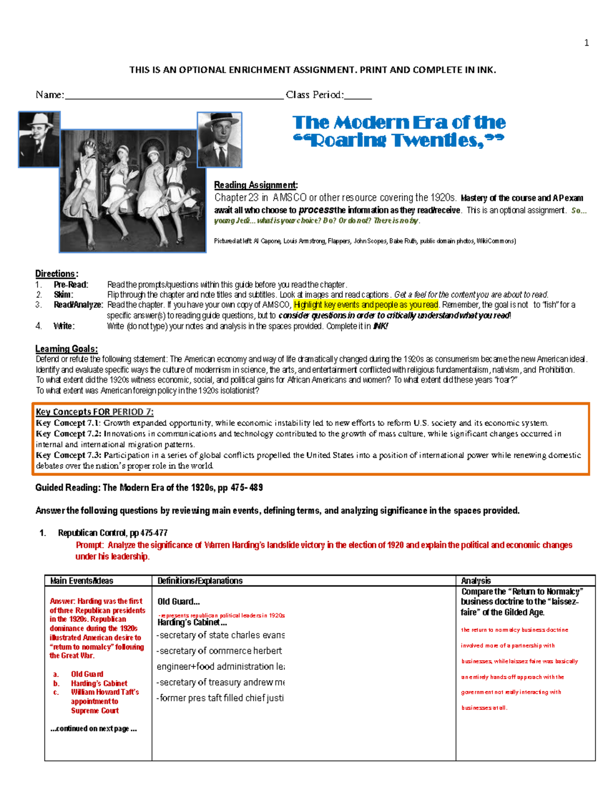APUSH 1: Optional Enrichment Assignment on Chapter 23 - The 1920s - Studocu