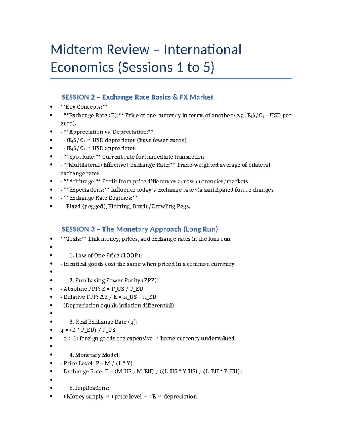 Midterm Review INTL ECON 101: Exchange Rates & Monetary Models - Studocu