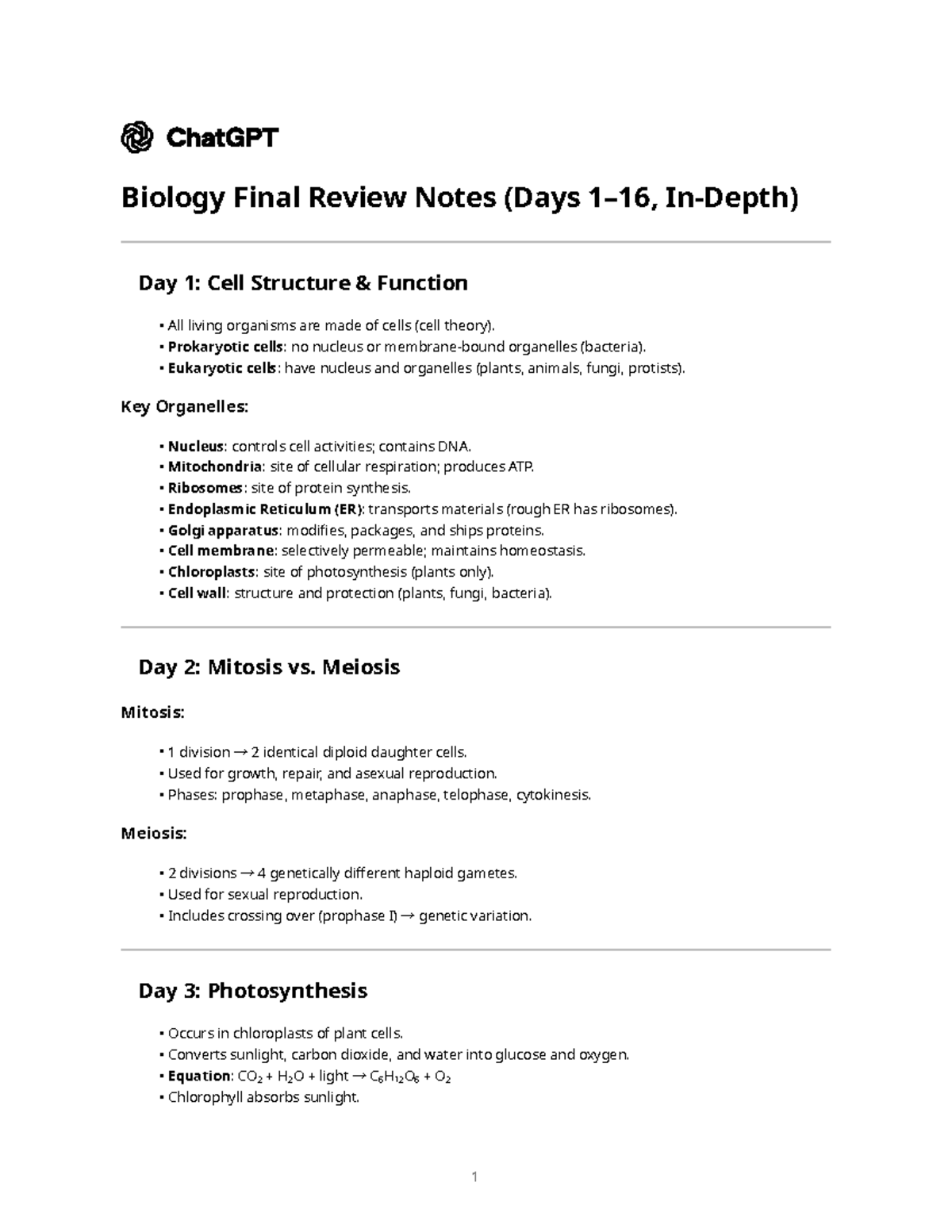 Biology Final Exam Review Notes (Days 1-16 Comprehensive Guide) - Studocu