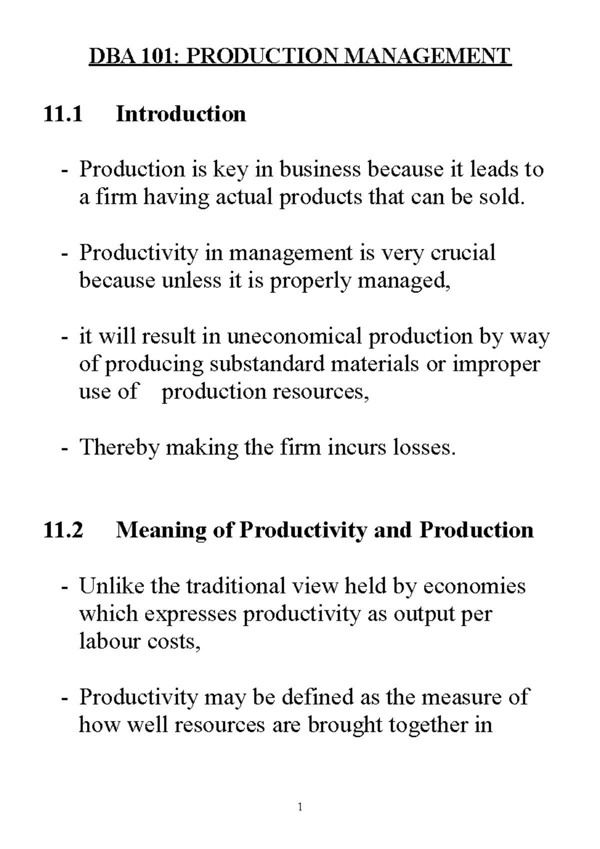DBA 13: Lecture Notes on Production Management Principles - Studocu