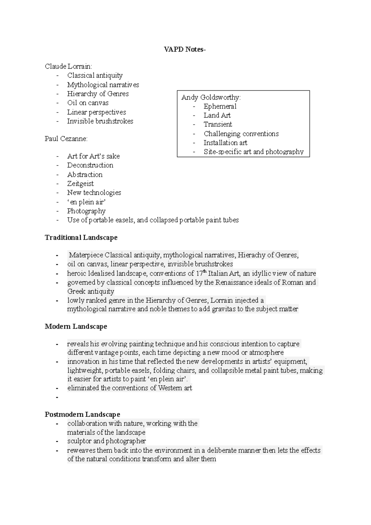 VAPD Art Analysis: Classical to Postmodern Landscapes Insights - Studocu