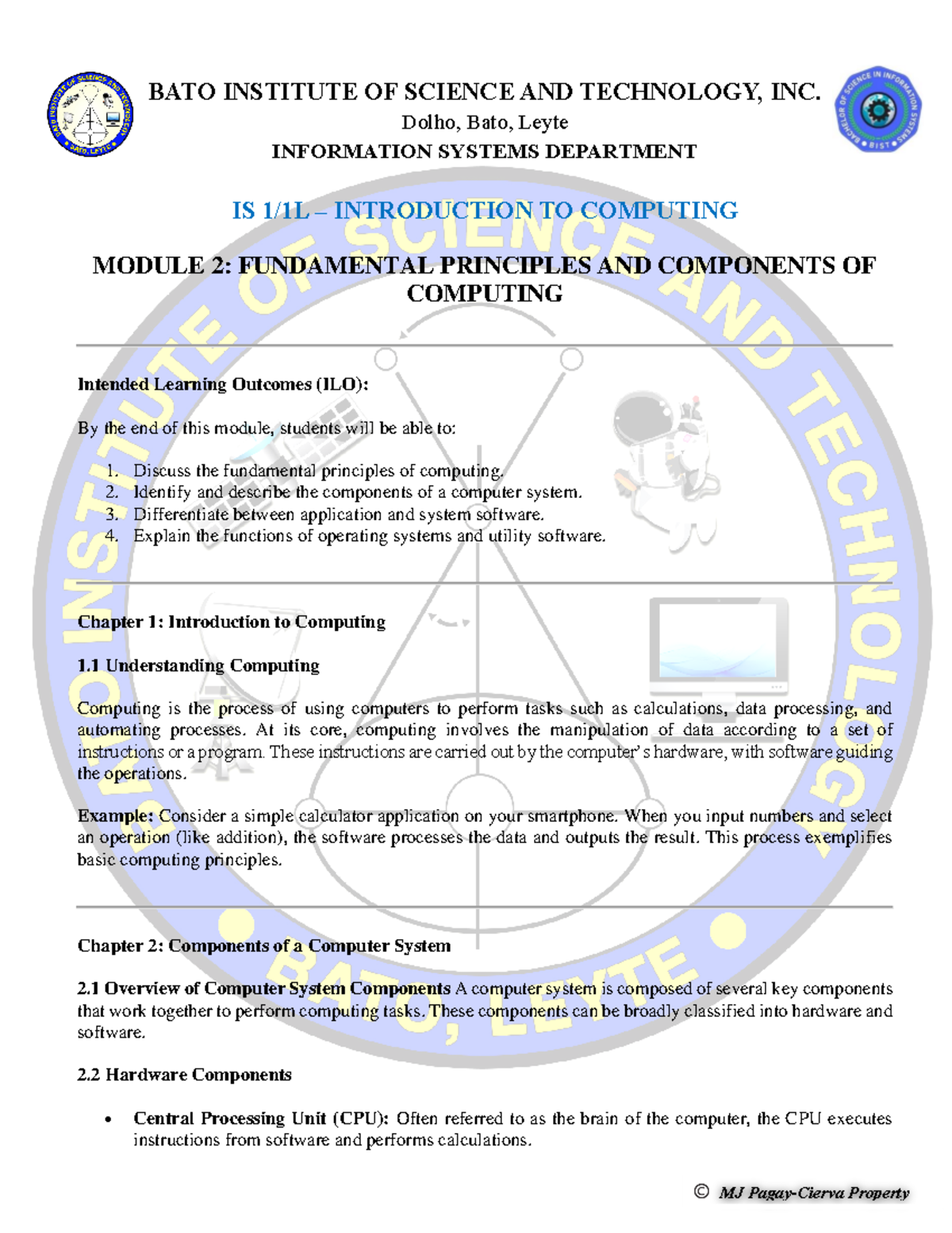 2. IS 1 - Computer System - MJ Pagay-Cierva Property BATO INSTITUTE OF ...