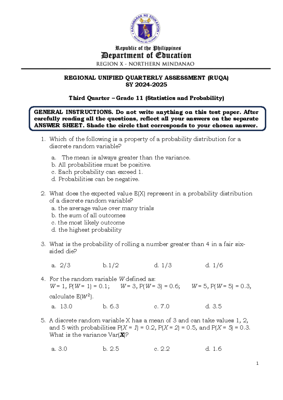 MATH 11 Q3 RUQA Final Exam on Statistics and Probability - Studocu