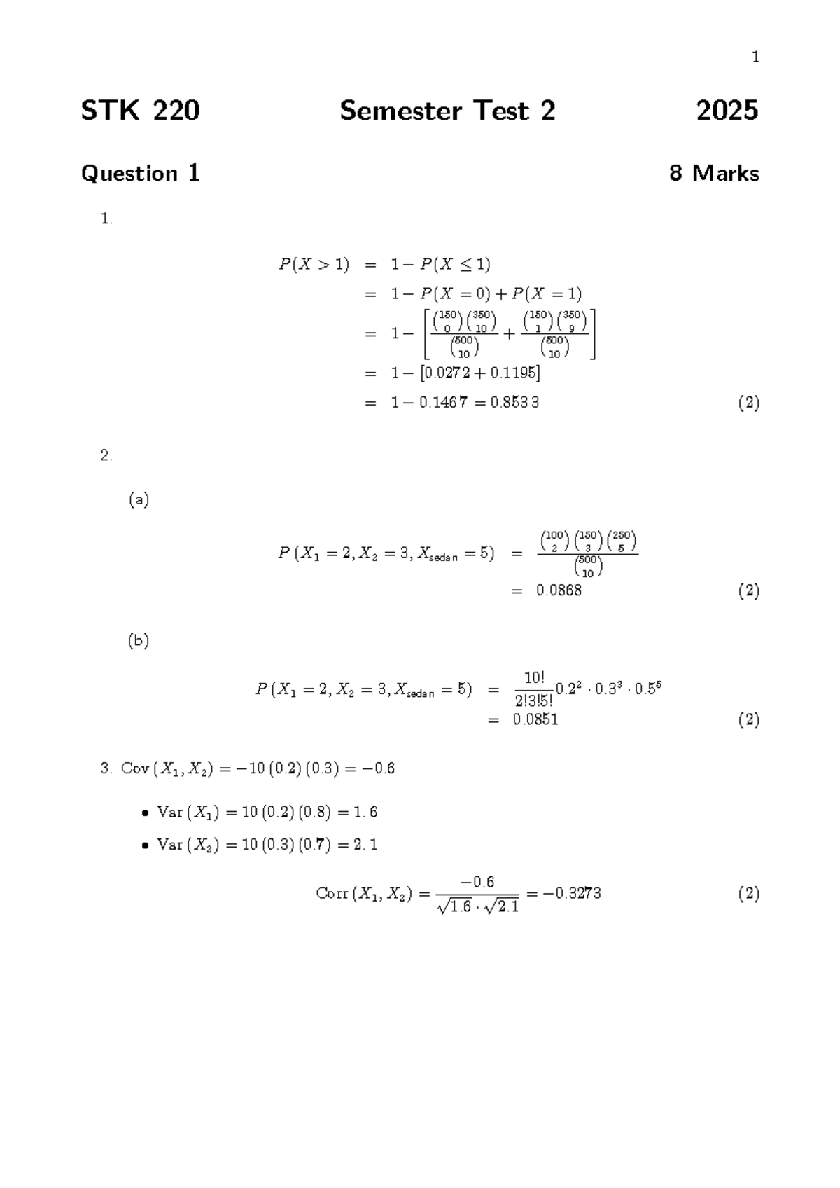 STK 220 Semester Test 2 2025 Memo and Solutions - Studocu