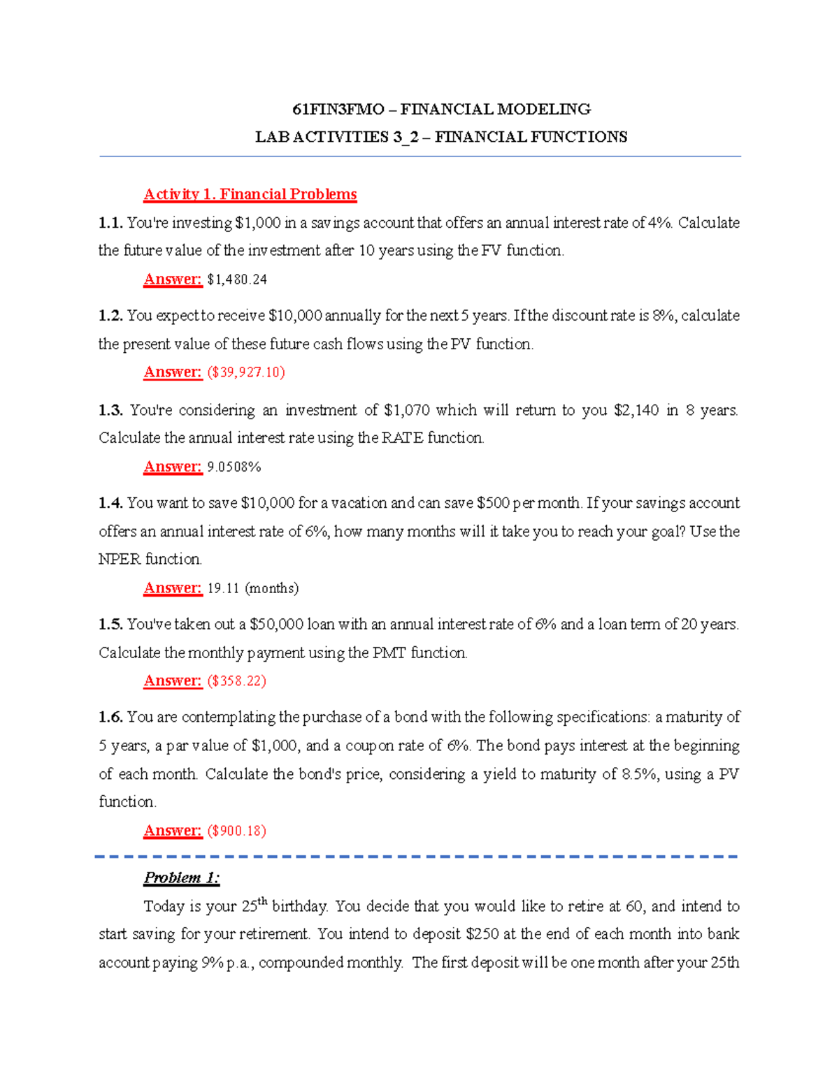 61FIN3FMO Financial Modeling Lab Activities: Financial Functions - Studocu