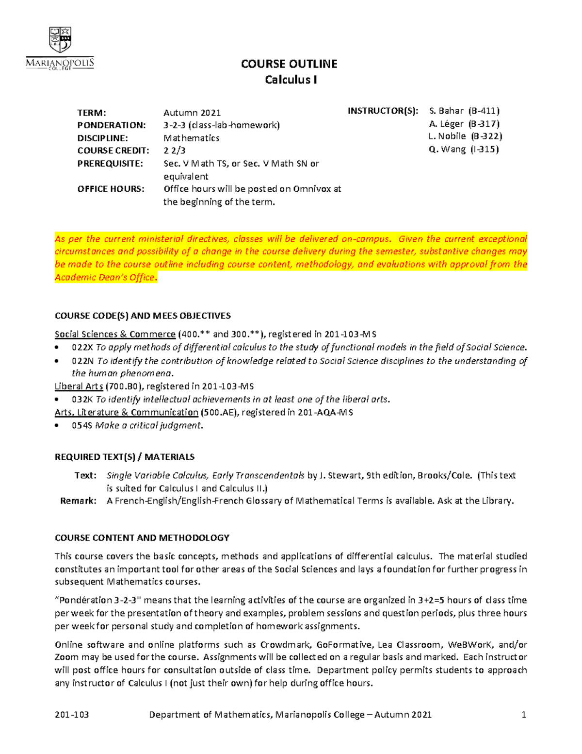 A21 201-103 Calculus I Course Outline and Objectives - Studocu