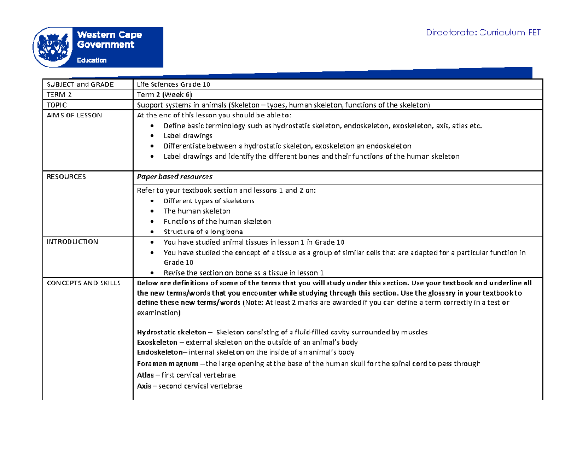 Life Sciences Grade 10 Term 2 Week 6 Support Systems in Animals - Studocu