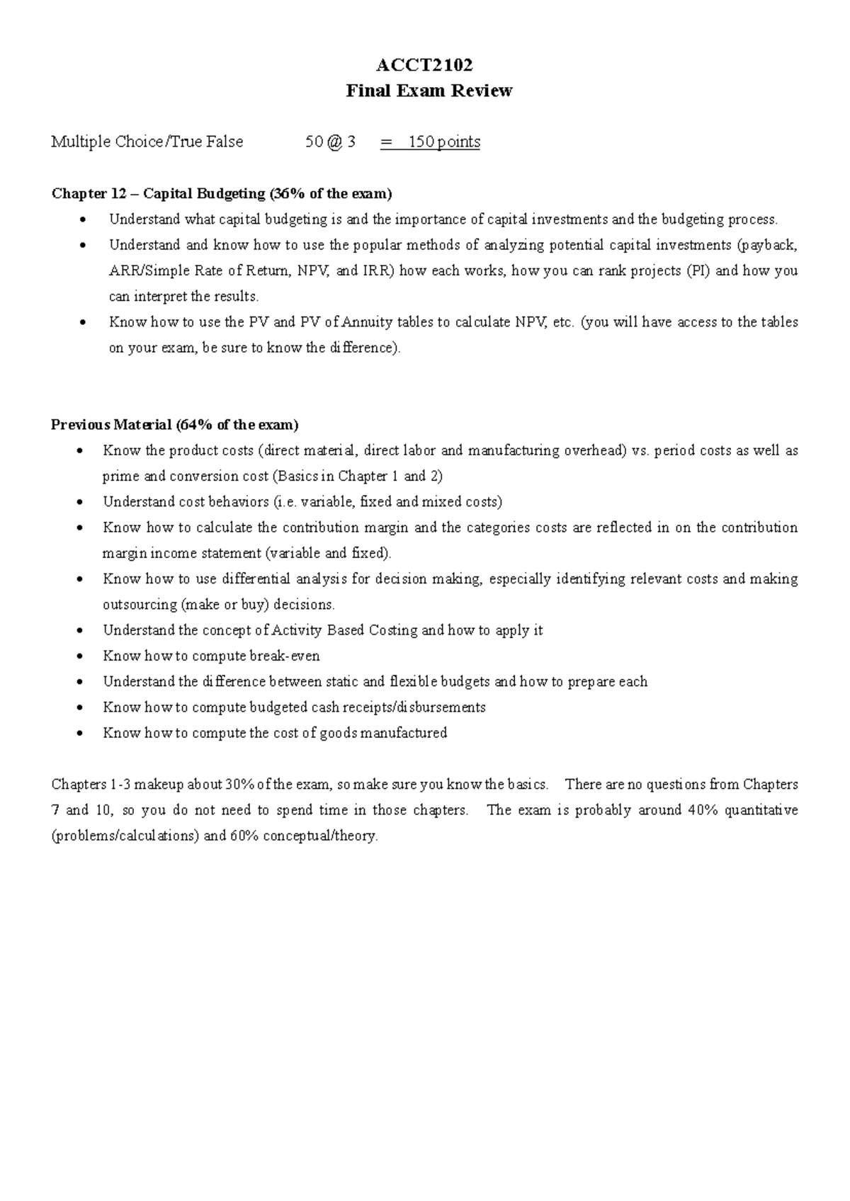 ACCT2102 Final Exam Review Guide: Capital Budgeting & Cost Concepts ...