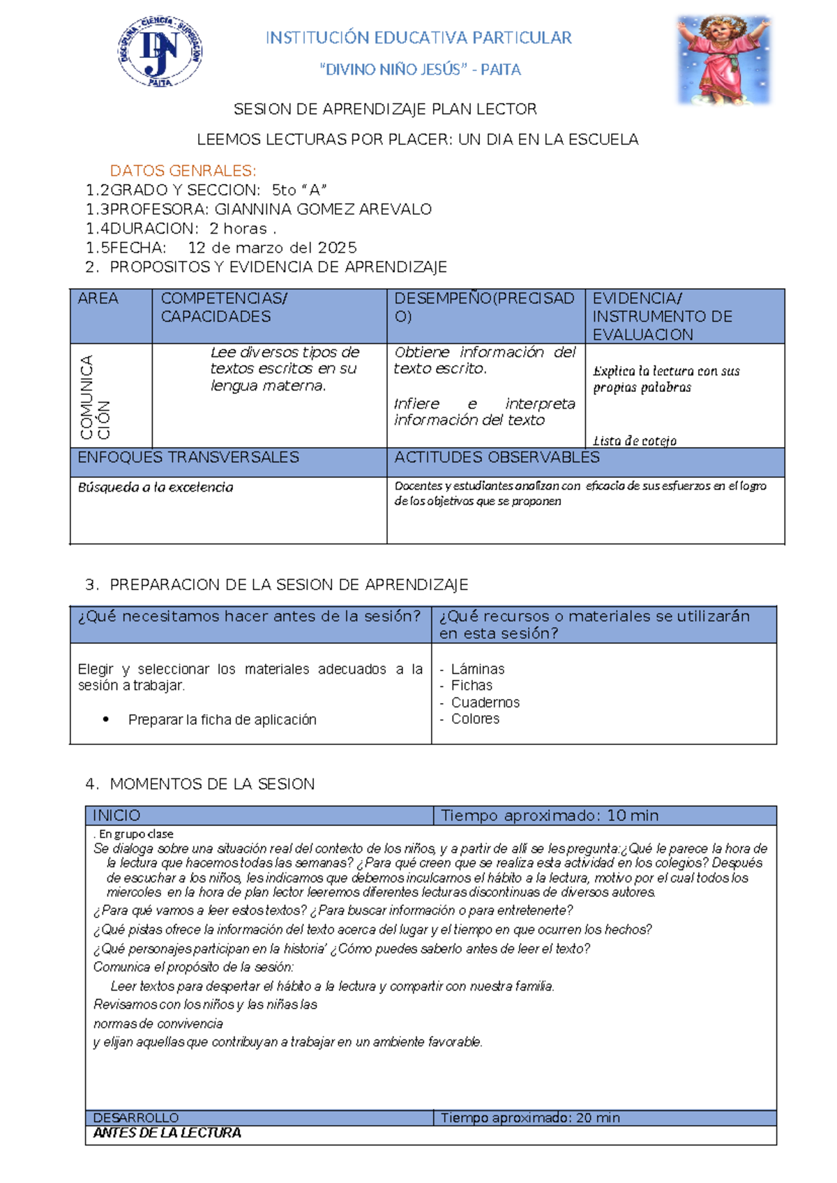 Sesion de Aprendizaje Plan Lector 5to "A" - Un Día en la Escuela - Studocu
