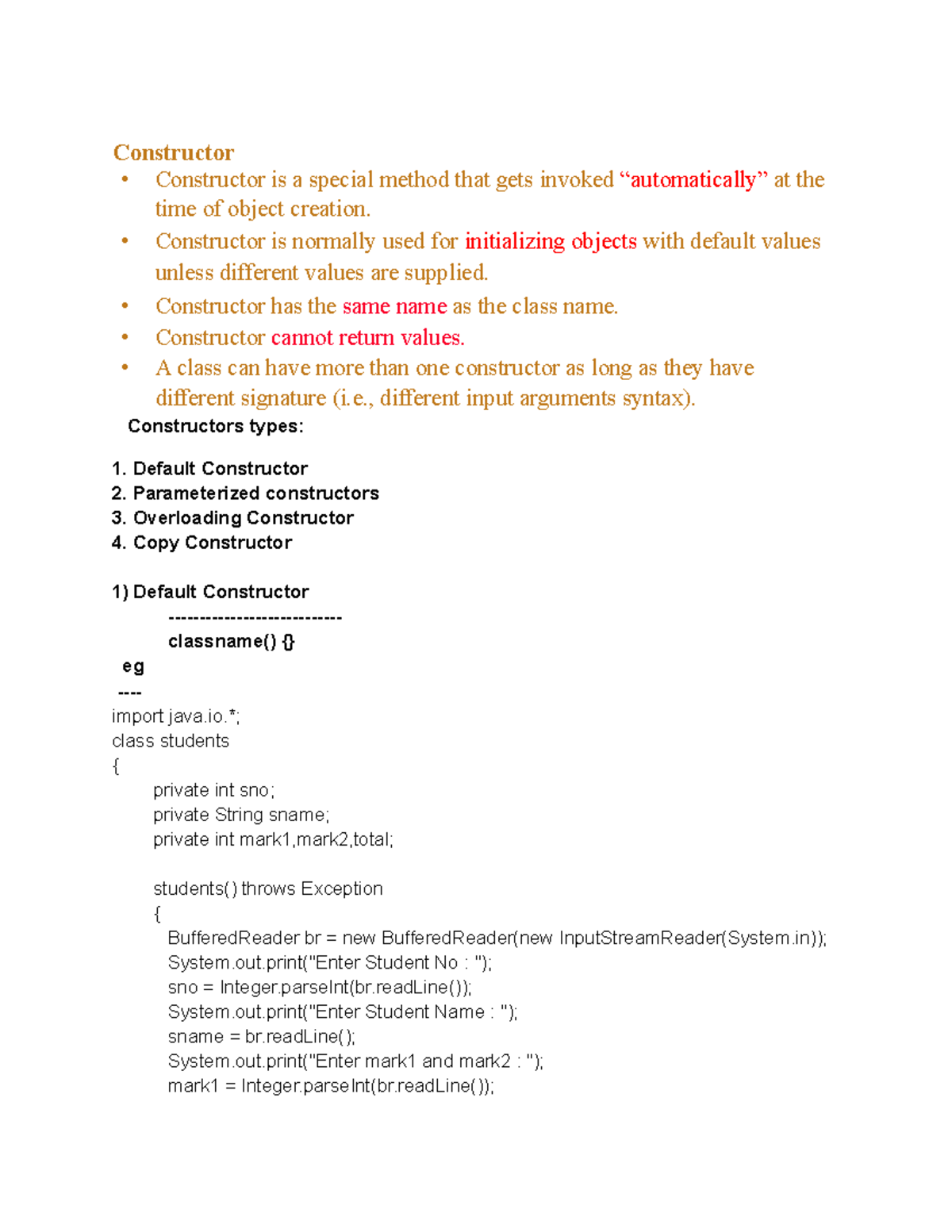 Constructor • Constructor Is Normally Used For Initializing Objects 
