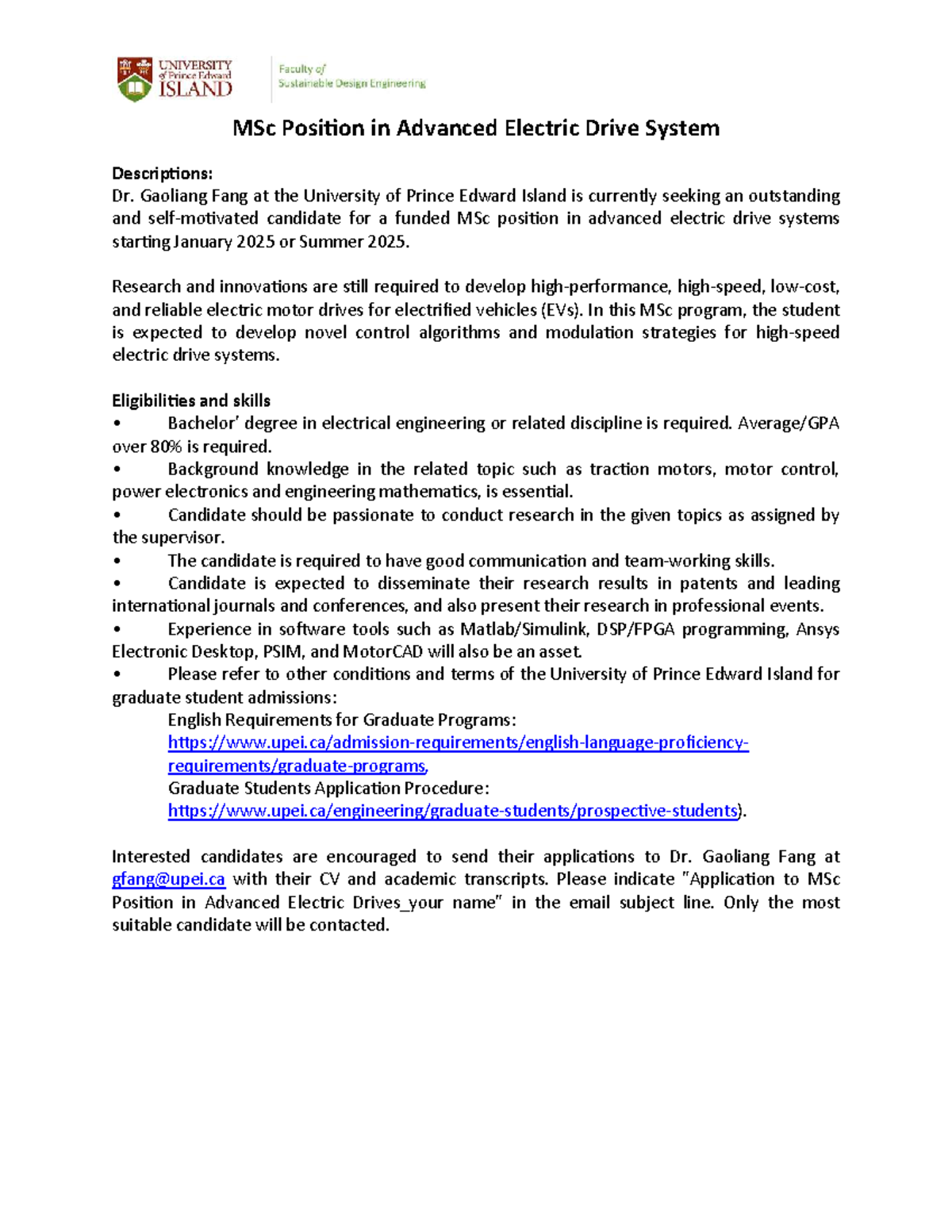 MSc Position in Advanced Electric Drive Systems - 1725650003 - Studocu