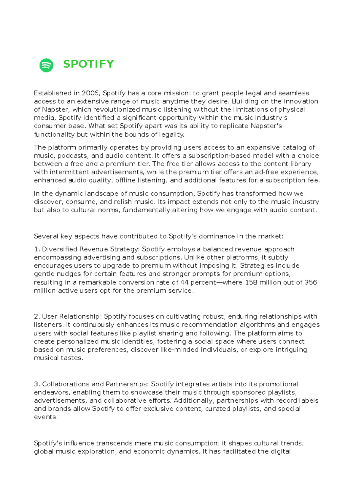 DIGITAL BUSINESS MODEL: Spotify's Impact and Strategies Analysis - Studocu