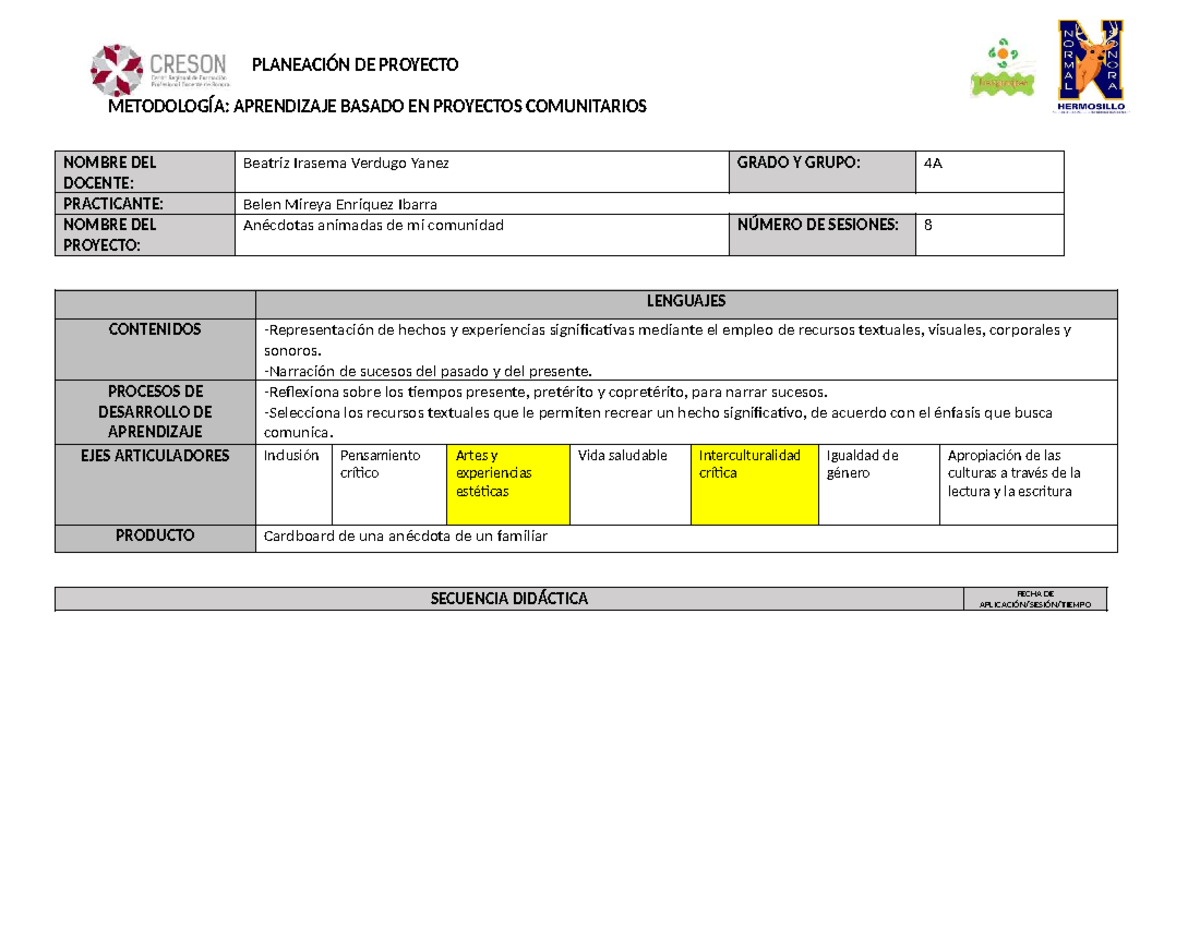 PLANEACIÓN DE PROYECTO: APRENDIZAJE BASADO EN PROYECTOS COMUNITARIOS ...