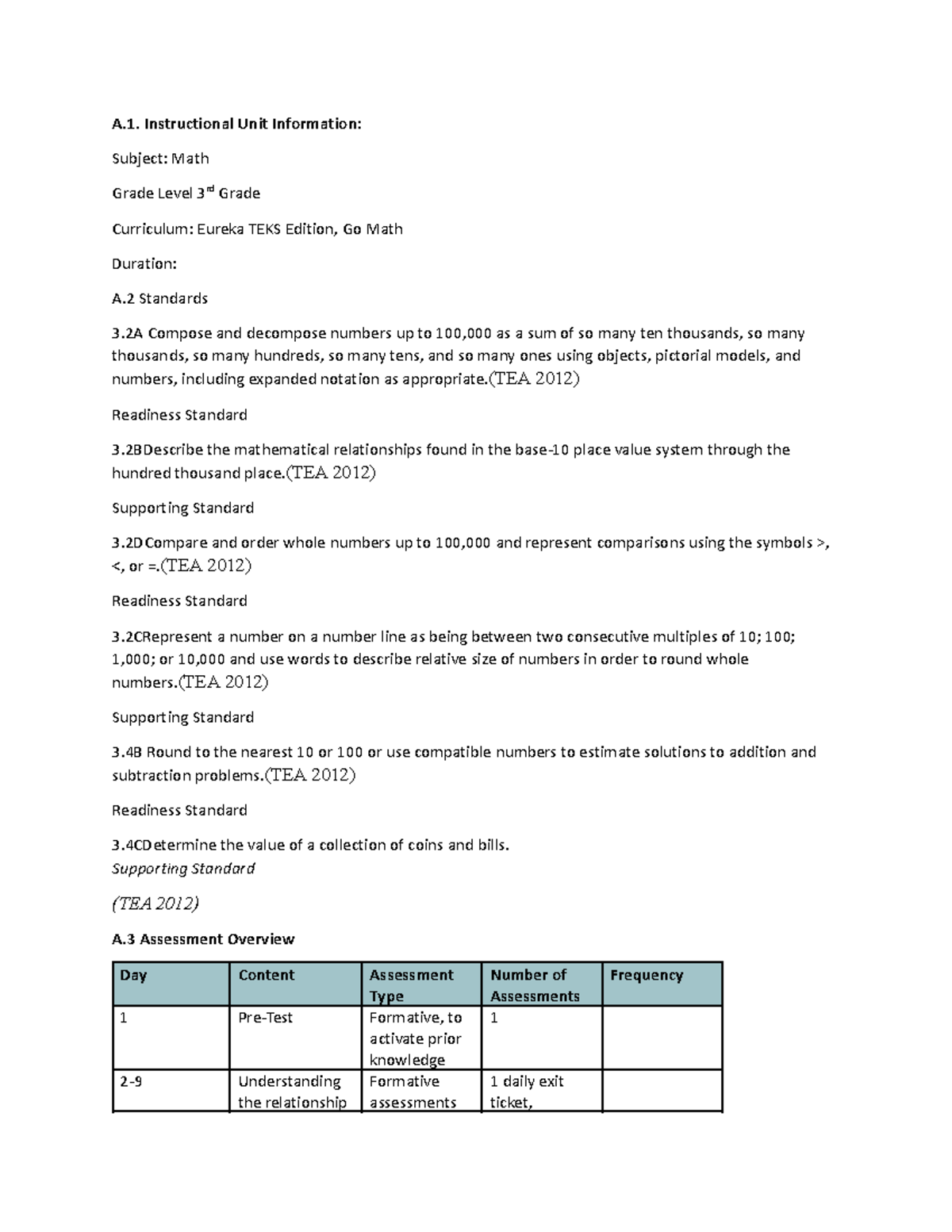 Task 1 - homework - A. Instructional Unit Information: Subject: Math ...