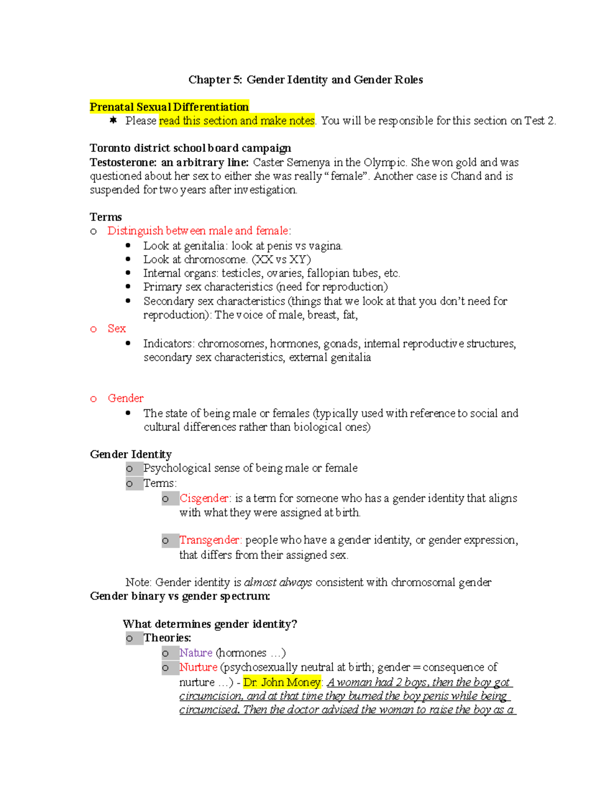 Lecture notes, lecture chapter 5 - Chapter 5: Gender Identity and ...