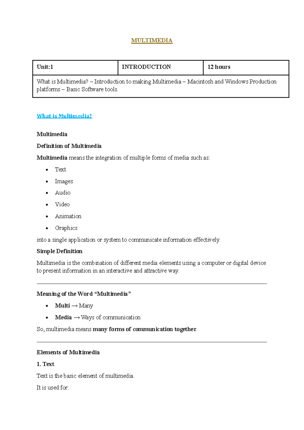 Multimedia Unit 1: Introduction to Multimedia Concepts and Creation ...
