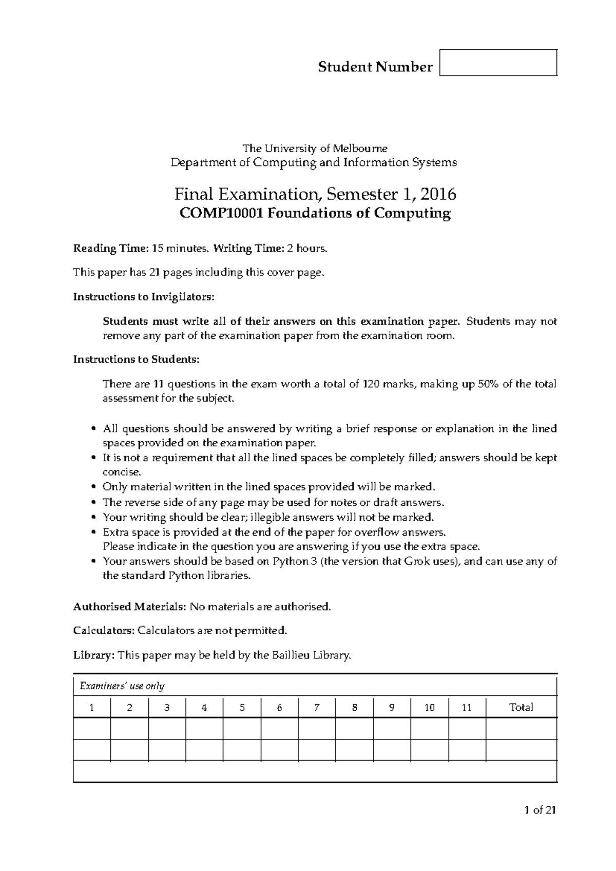 COMP10001 Foundations of Computing Final Exam Semester 1, 2016 - Studocu