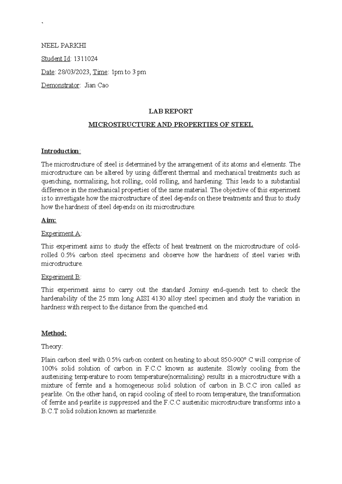 Lab Report: Microstructure & Properties of Steel (ENGR 101) - Studocu