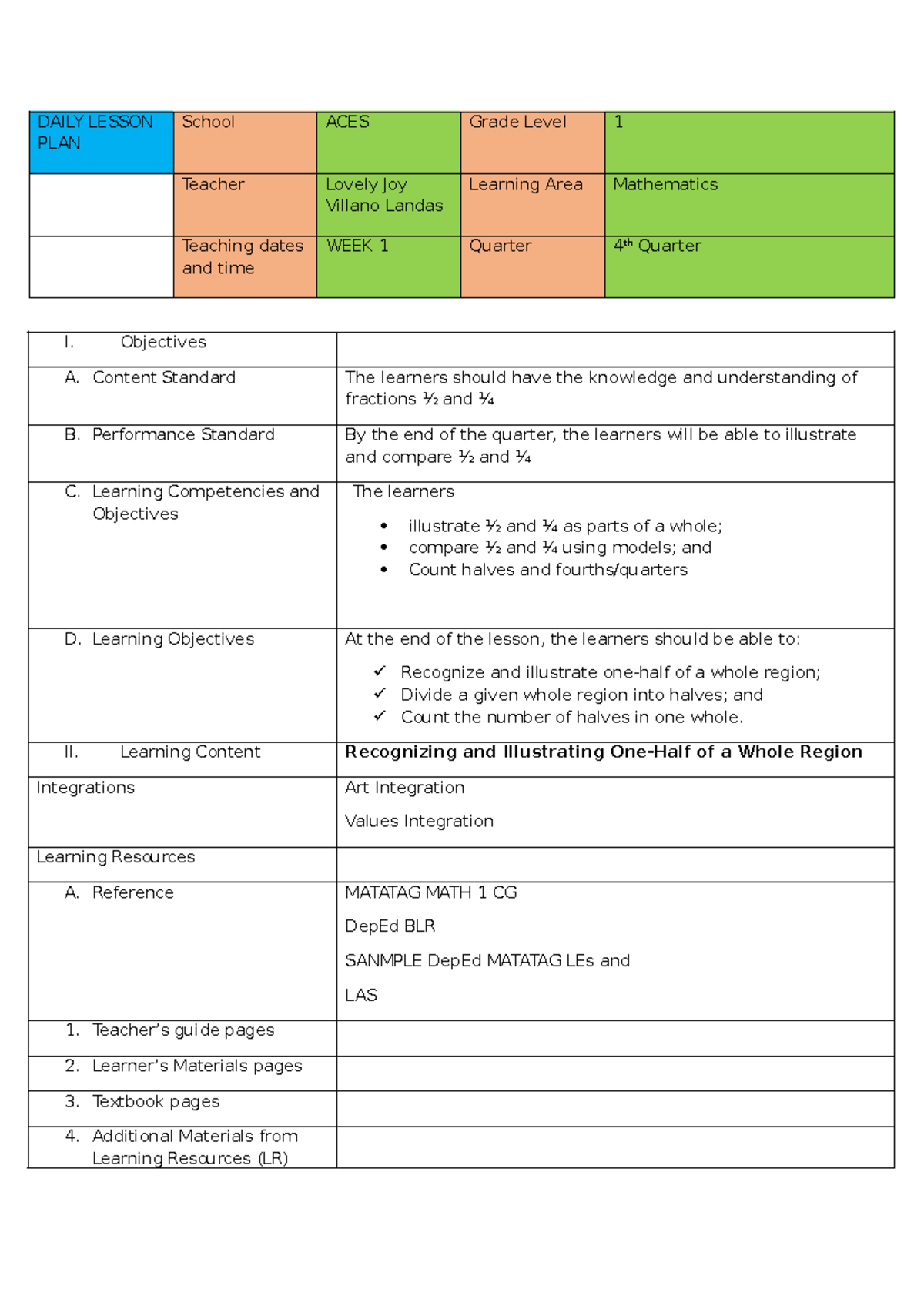 DAILY LESSON PLAN I: Math for Grade 1 - Week 1, 4th Quarter - Studocu