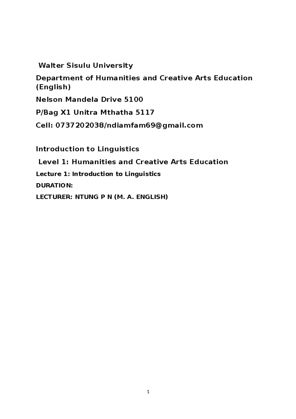 Linguistics 101: Introductory Lecture Notes on Language and ...