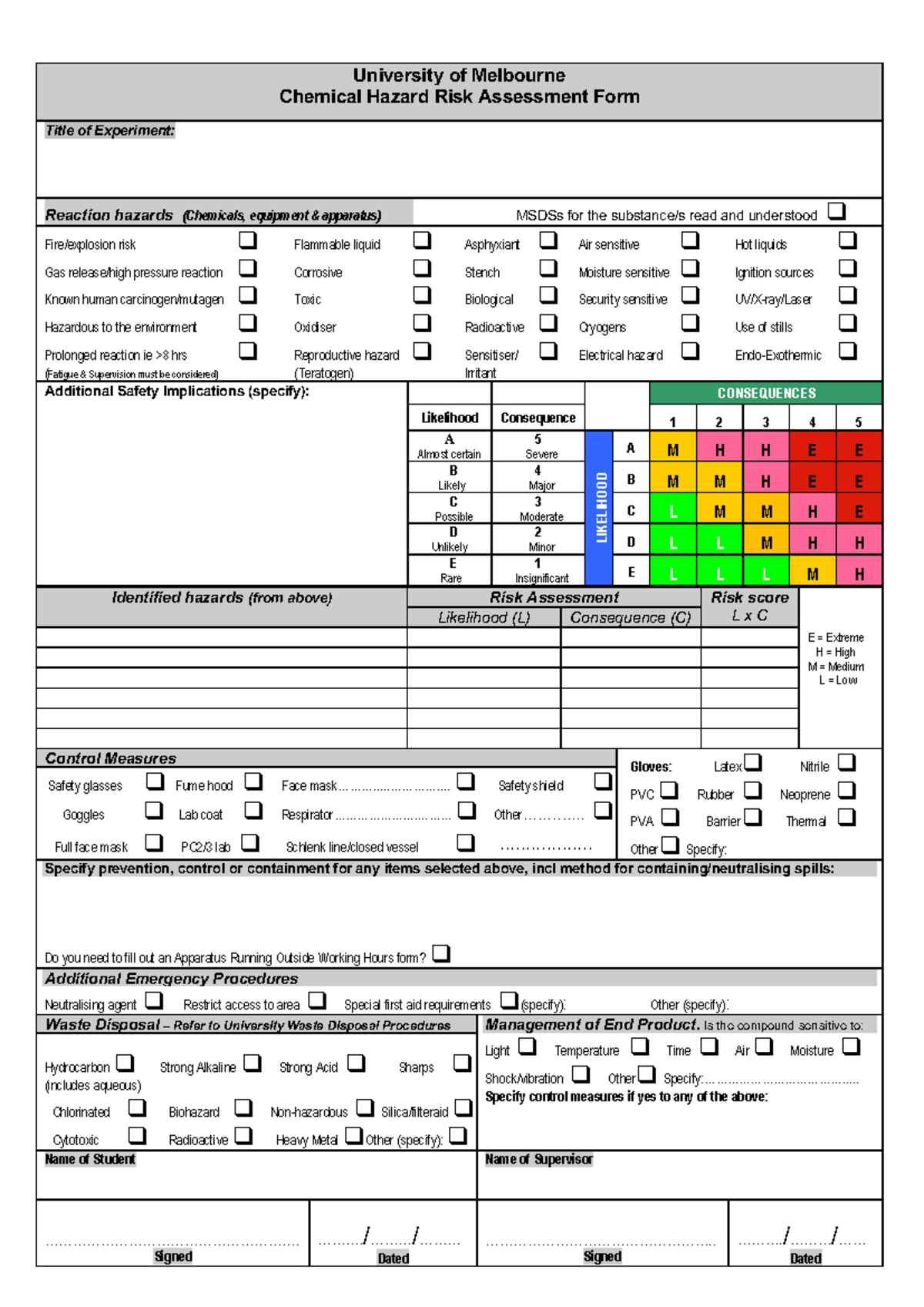 Chemical Hazard Risk Assessment Form - University of Melbourne (BUHSC C ...