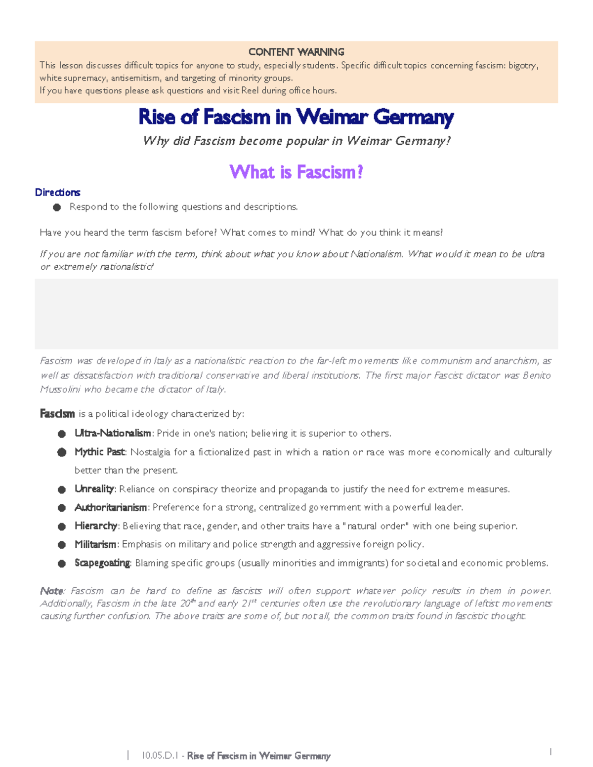 10.27.D.1 - Lesson on the Rise of Fascism in Weimar Germany - Studocu