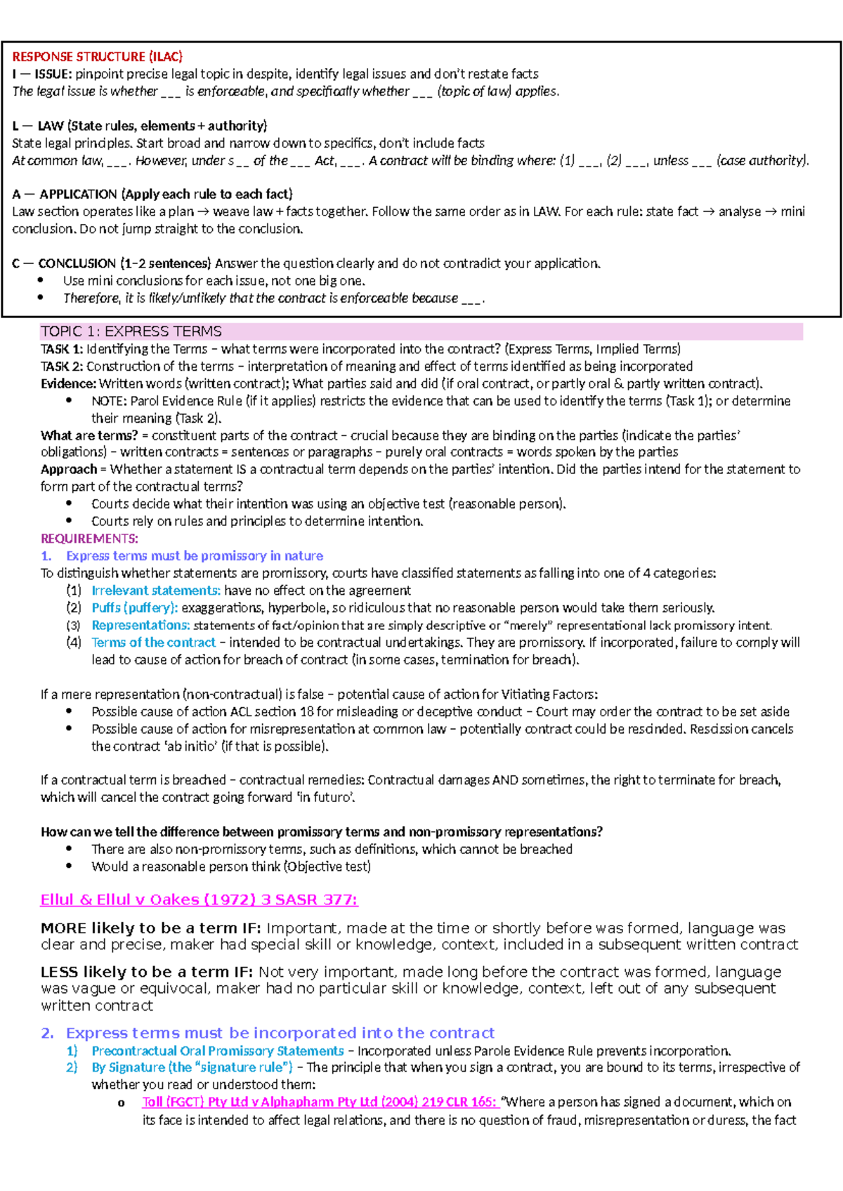LAWS1200 Contracts Final Exam Notes: ILAC Response Structure and Key ...