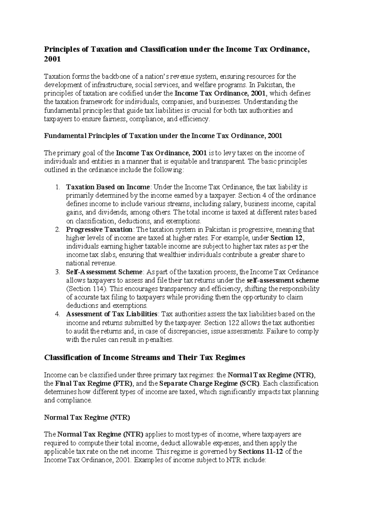 Taxation Principles and Classifications under Income Tax Ordinance 2001 ...