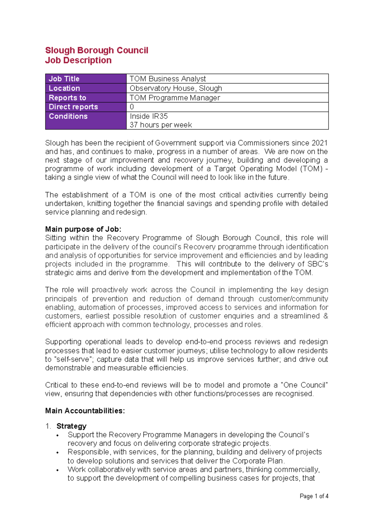 TOM Business Analyst Job Specification - Slough Borough Council - Studocu