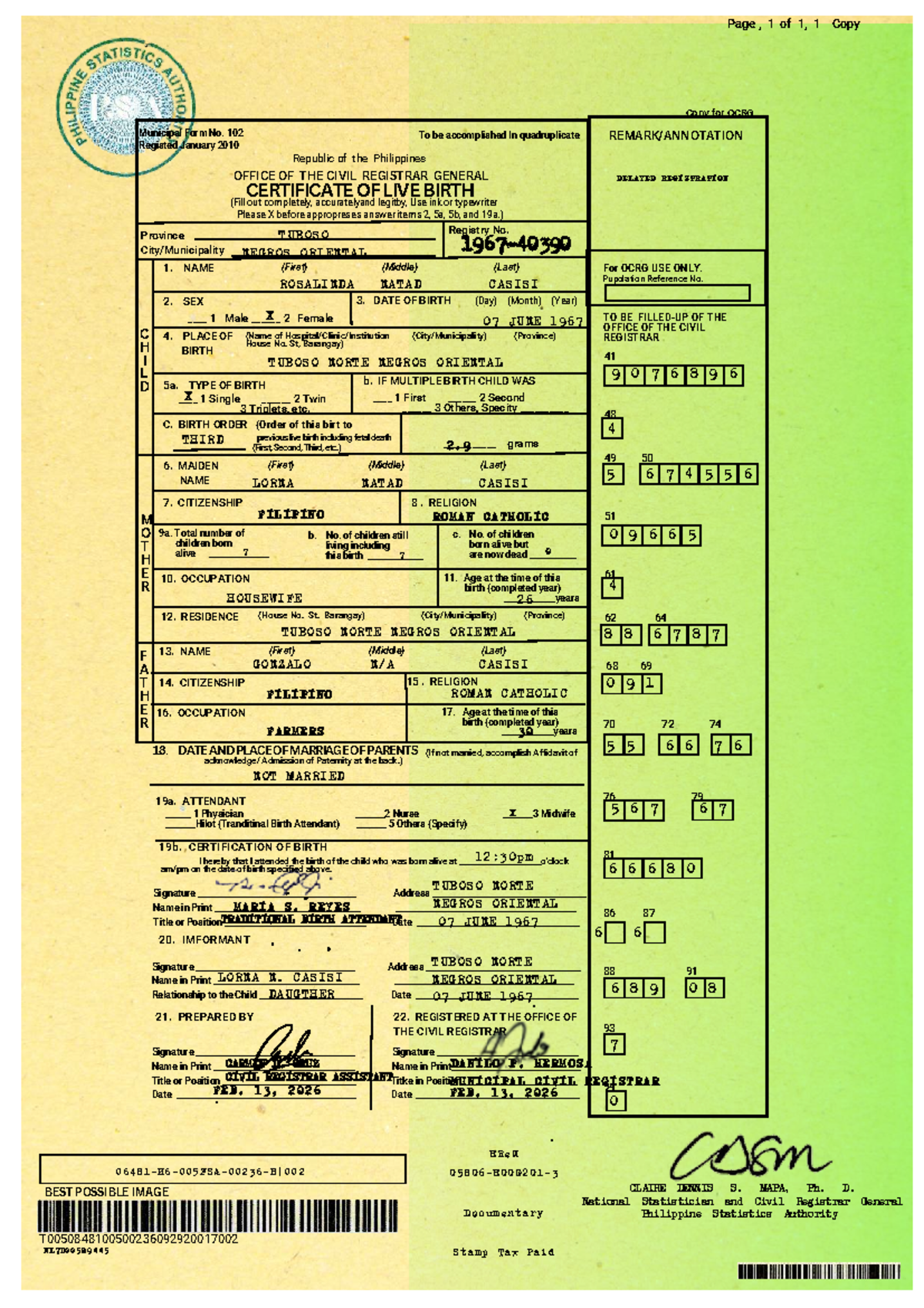 PSA Birth Certificate Registration Form No. 102 - Tuboso, 2010 - Studocu