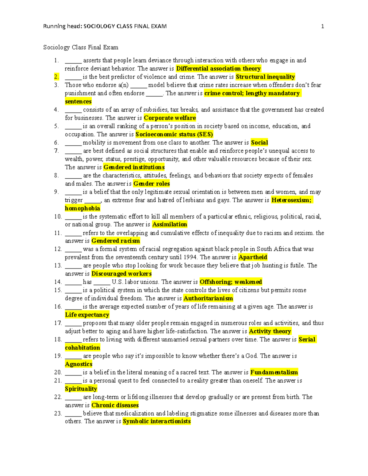 Final review for Sociology - Running head: SOCIOLOGY CLASS FINAL EXAM 1 ...