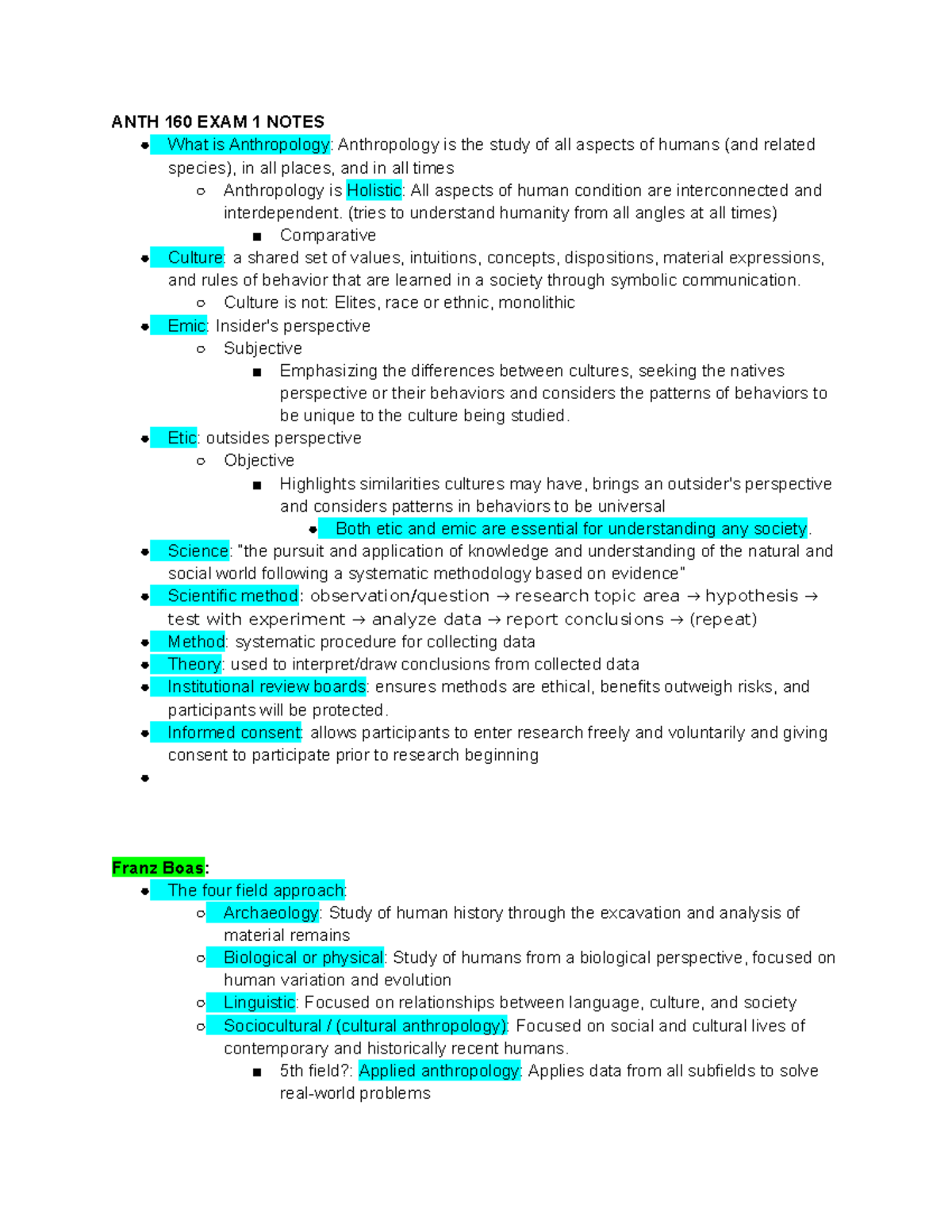 Anth 160 Exam 1 Study Notes Key Concepts And Theories Studocu