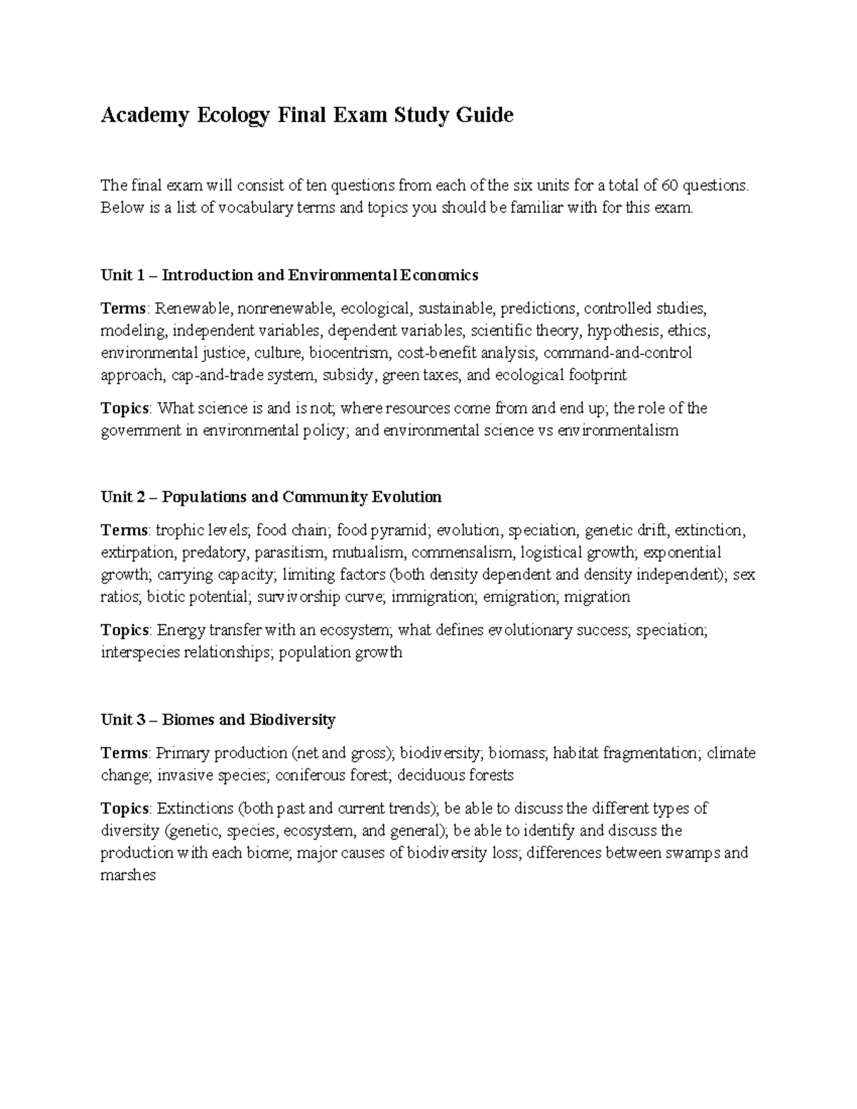 Academy Ecology Final Exam Study Guide (Course Code: ECL101) - Academy ...