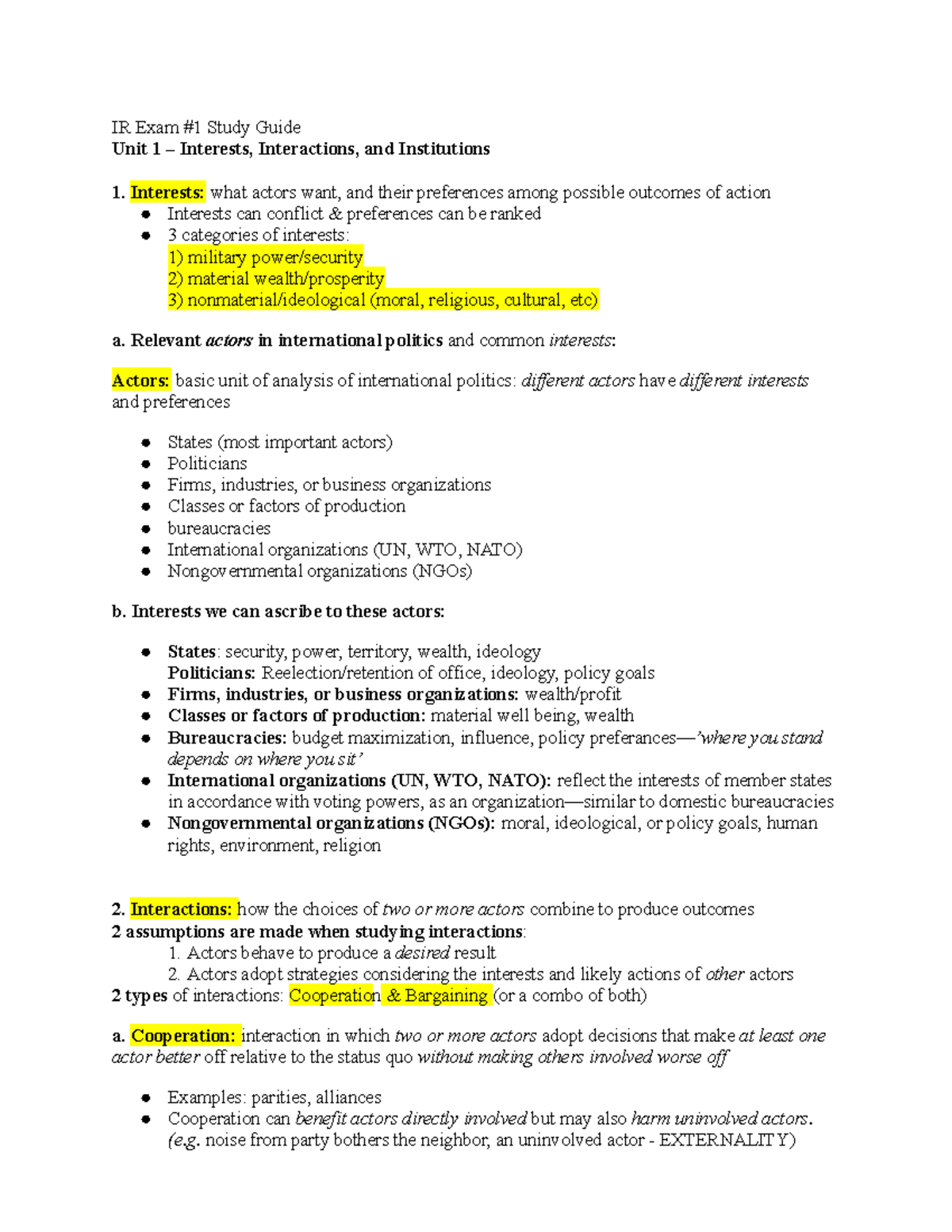 International Relations (IR) Midterm 1 Study Guide: Key Theories ...