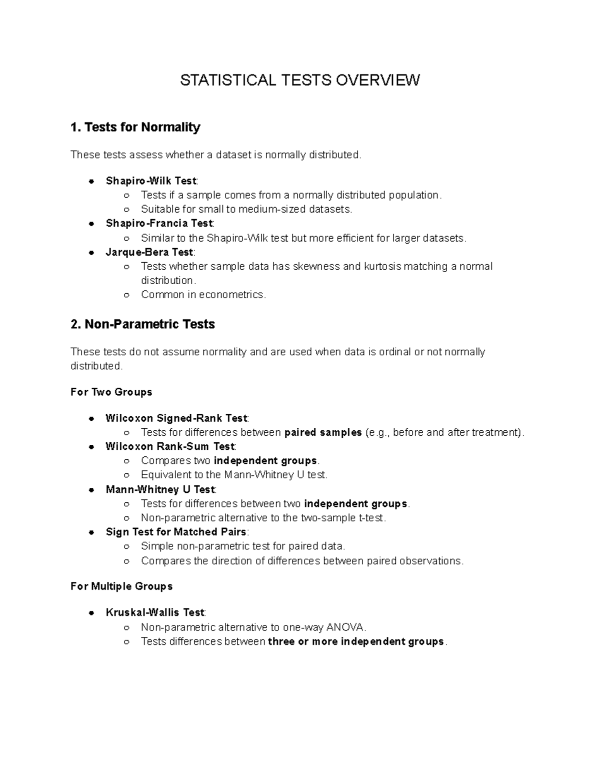 STAT 101: Overview of Statistical Tests and Their Applications ...
