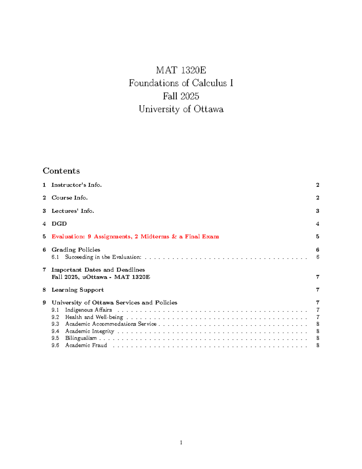 MAT 1320E Foundations of Calculus I Syllabus Fall 2025 uOttawa - Studocu