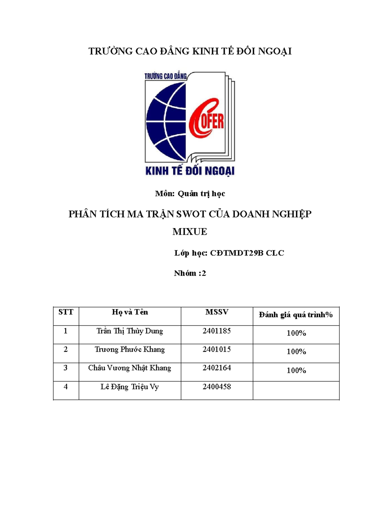 Phân Tích Ma Trận SWOT Doanh Nghiệp Mixue - CĐTMDT29B CLC - Studocu