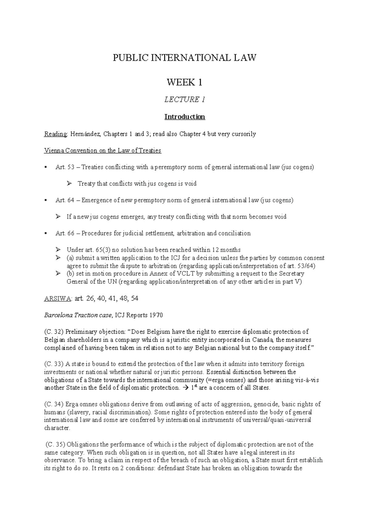 PIL 101: Week 1 Lecture Notes on International Law Principles - Studeersnel