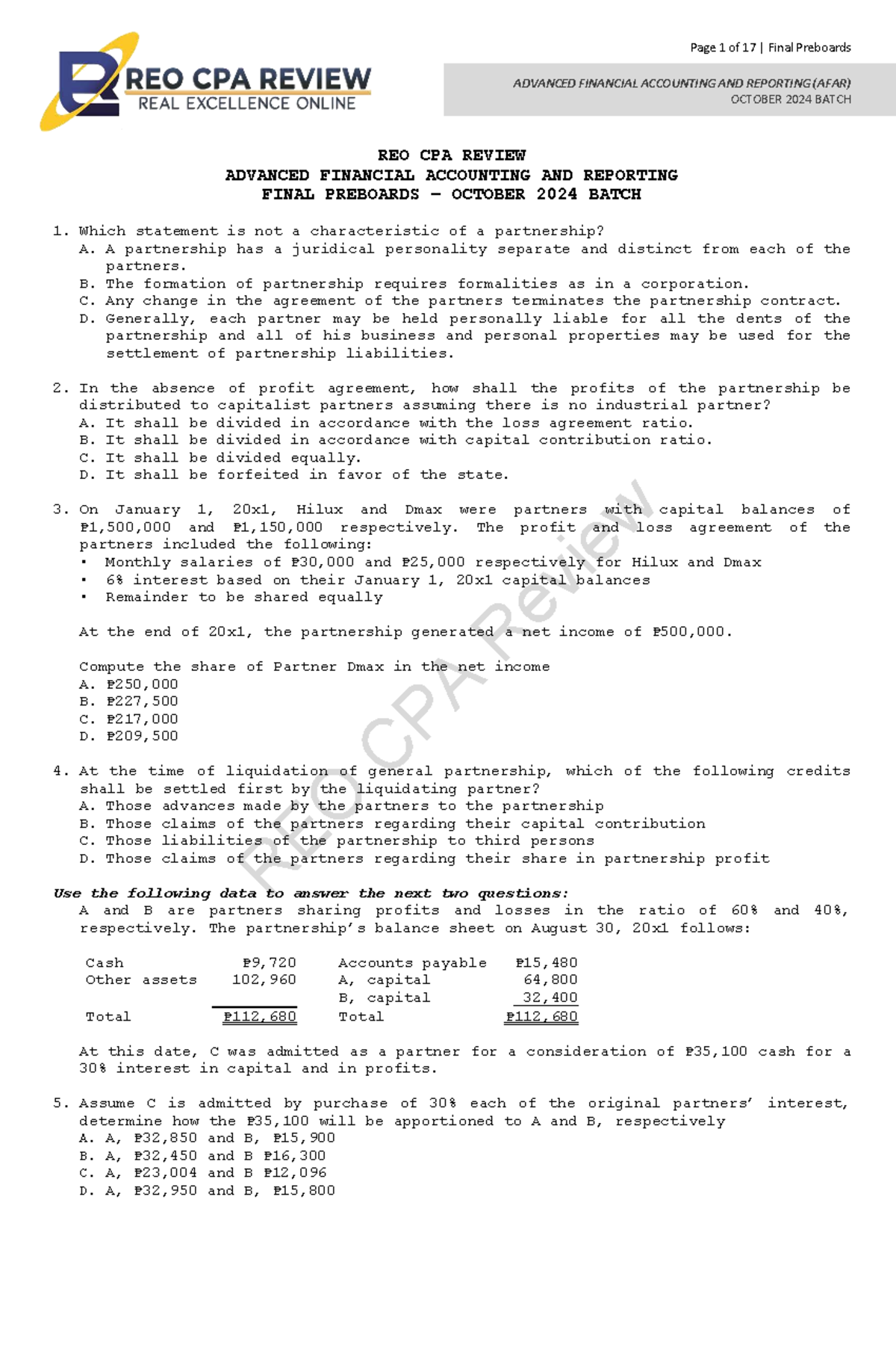 Final Preboards for Advanced Financial Accounting and Reporting (AFAR) - October - Document Preview