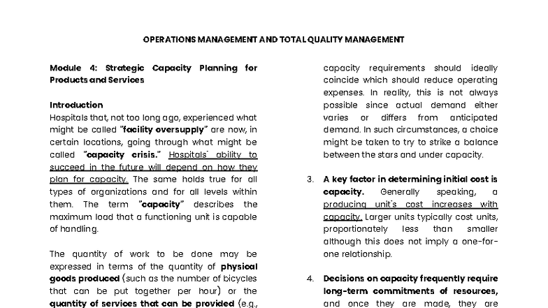 OM & TQM Module 4: Strategic Capacity Planning Insights - Studocu