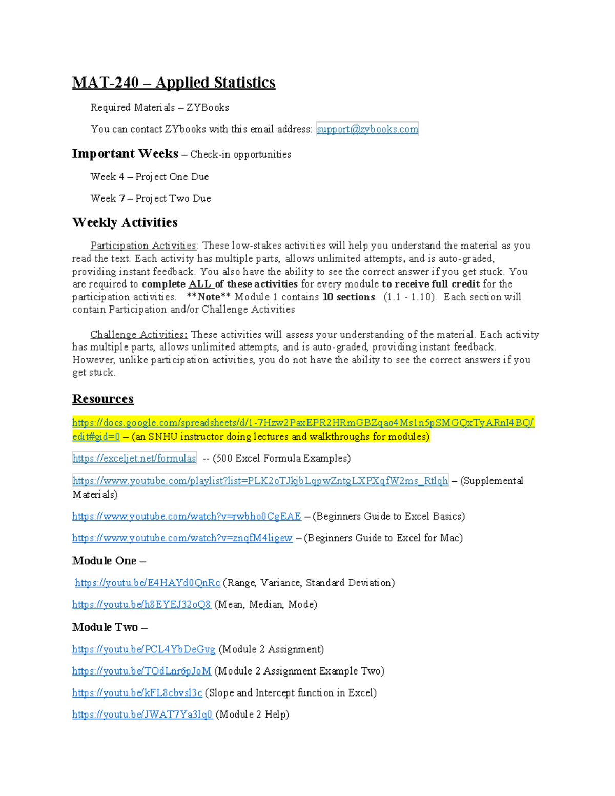 MAT240 Guide MAT240 Applied Statistics Required Materials