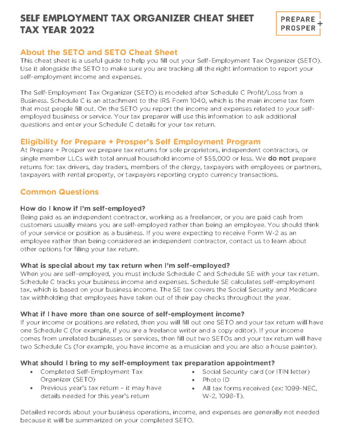 SETO Cheat Sheet for Self-Employment Tax Preparation - Tax Year 2022 -  Studocu