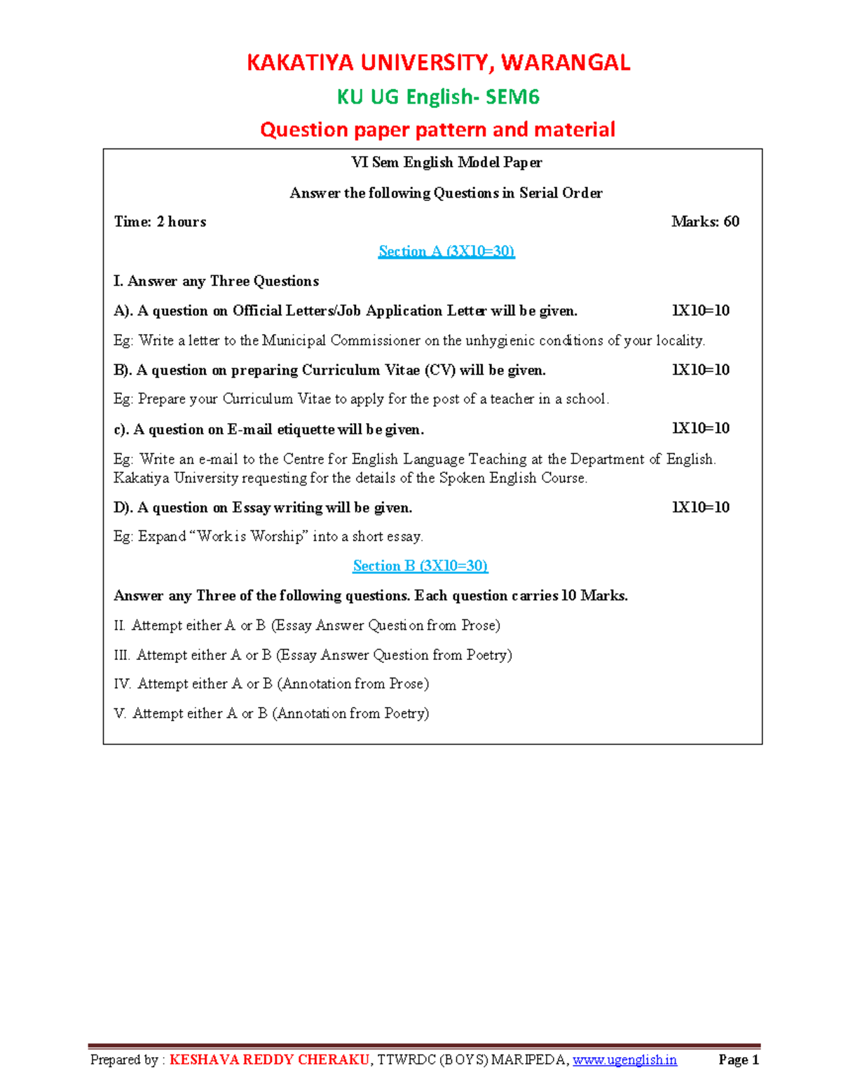 KAKATIYA UNIVERSITY KU UG SEM6 English Model Paper & Summary Notes ...